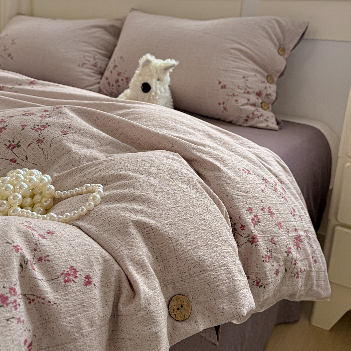 水墨江南 2025新款原麻复古印花纽扣款四件套 繁花