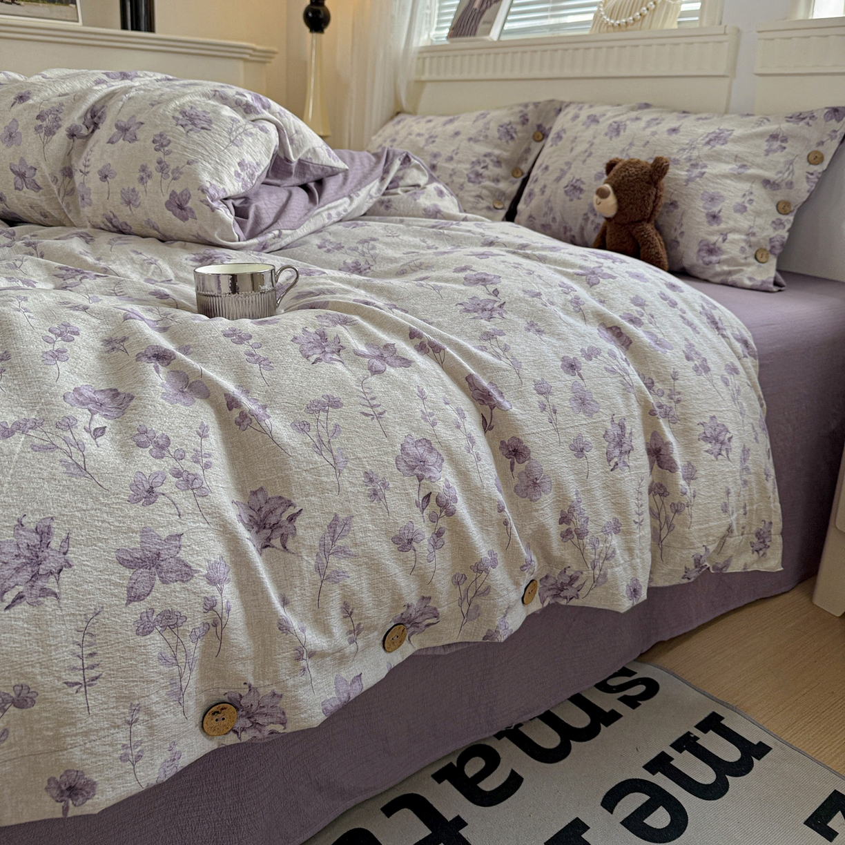 91家纺网 家纺一手货源 找家纺 水墨江南 2025新款原麻复古印花纽扣款四件套 紫藤