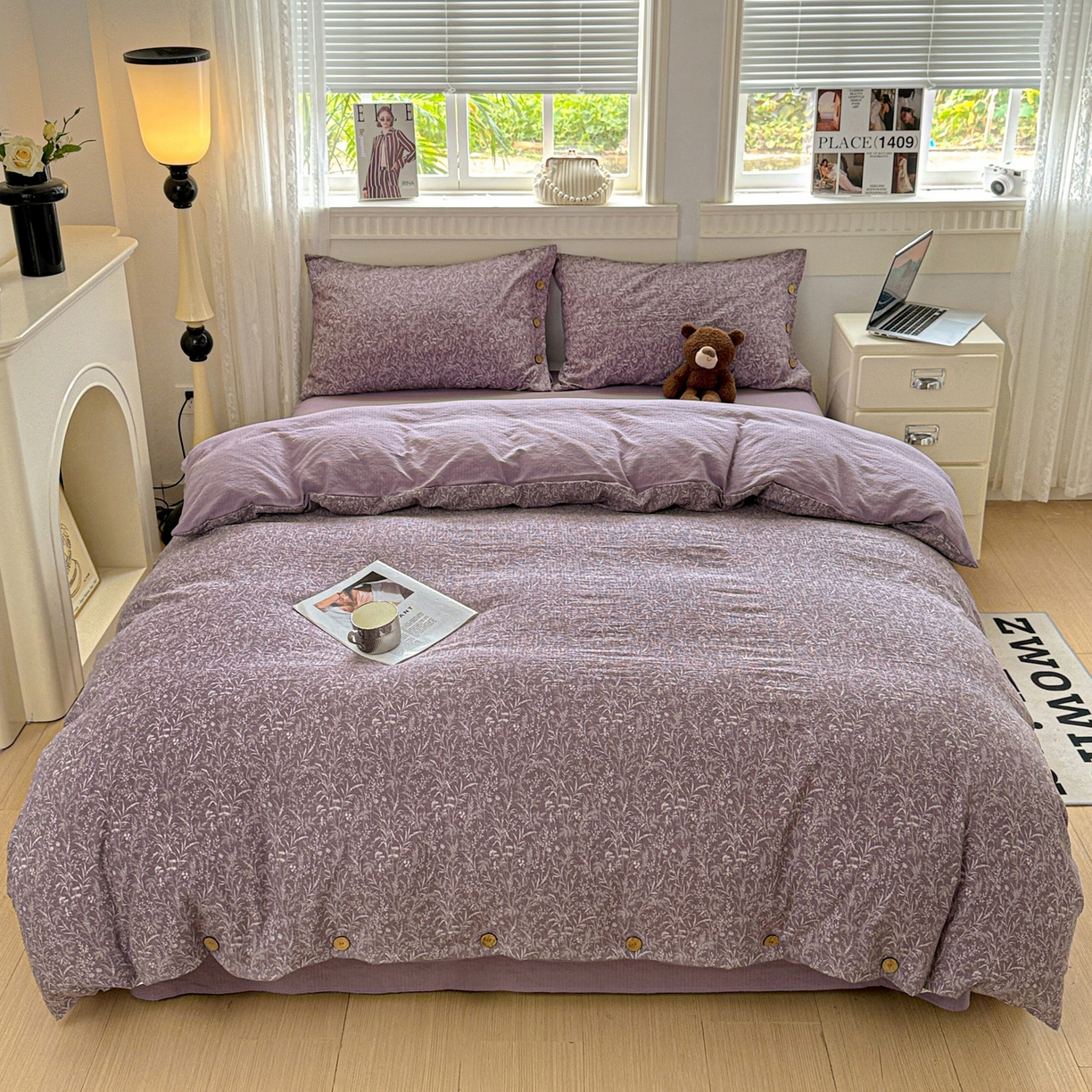 91家纺网 家纺一手货源 找家纺 水墨江南 2025新款原麻复古印花纽扣款四件套 叶影