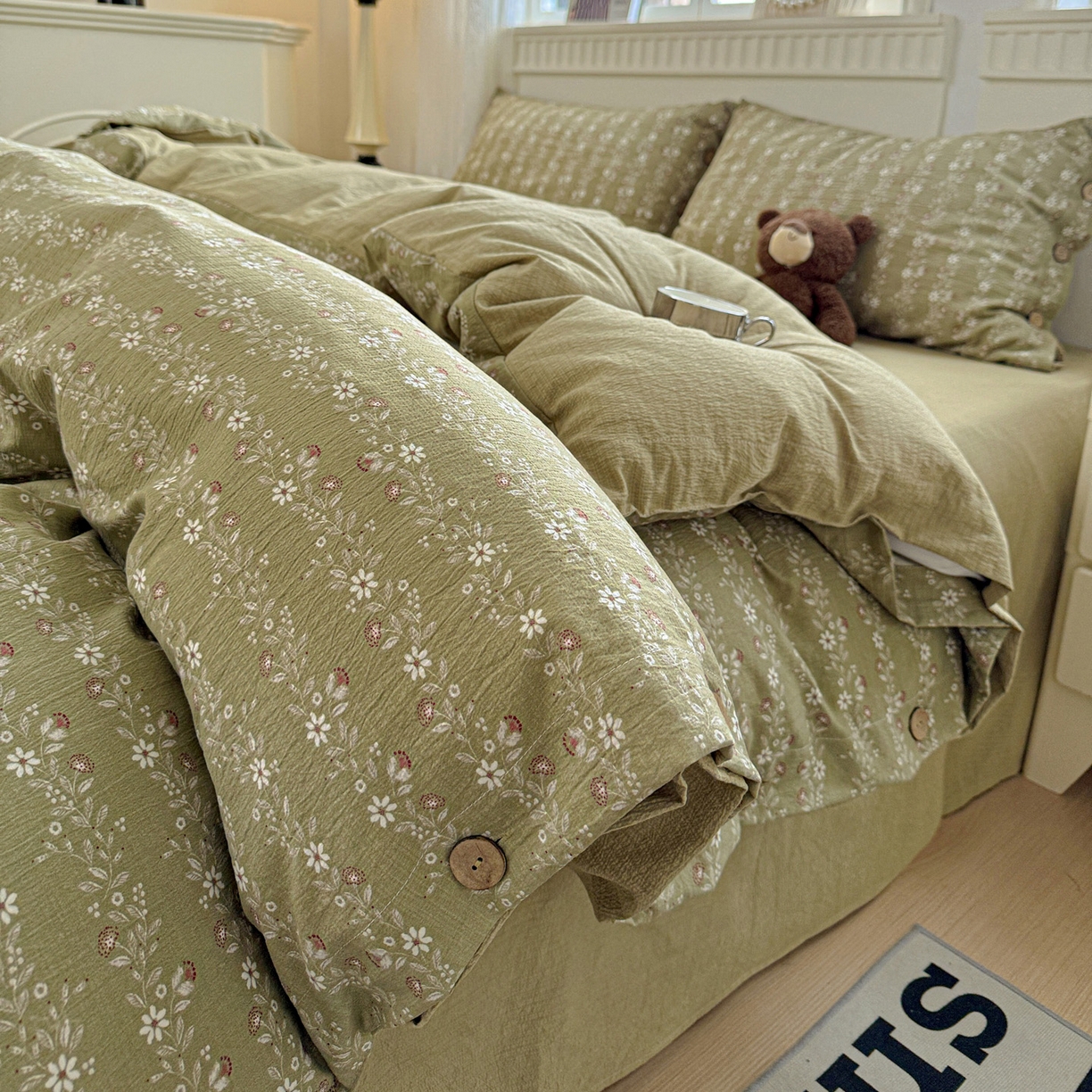 91家纺网 家纺一手货源 找家纺 水墨江南 2025新款原麻复古印花纽扣款四件套 一抹香-绿