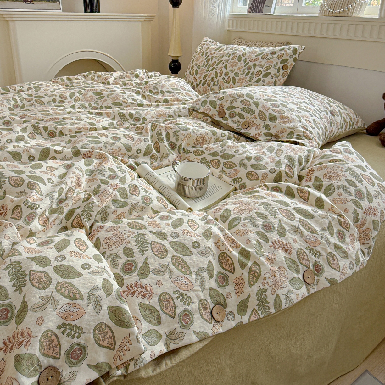 91家纺网 家纺一手货源 找家纺 水墨江南 2025新款原麻复古印花纽扣款四件套 叶羽