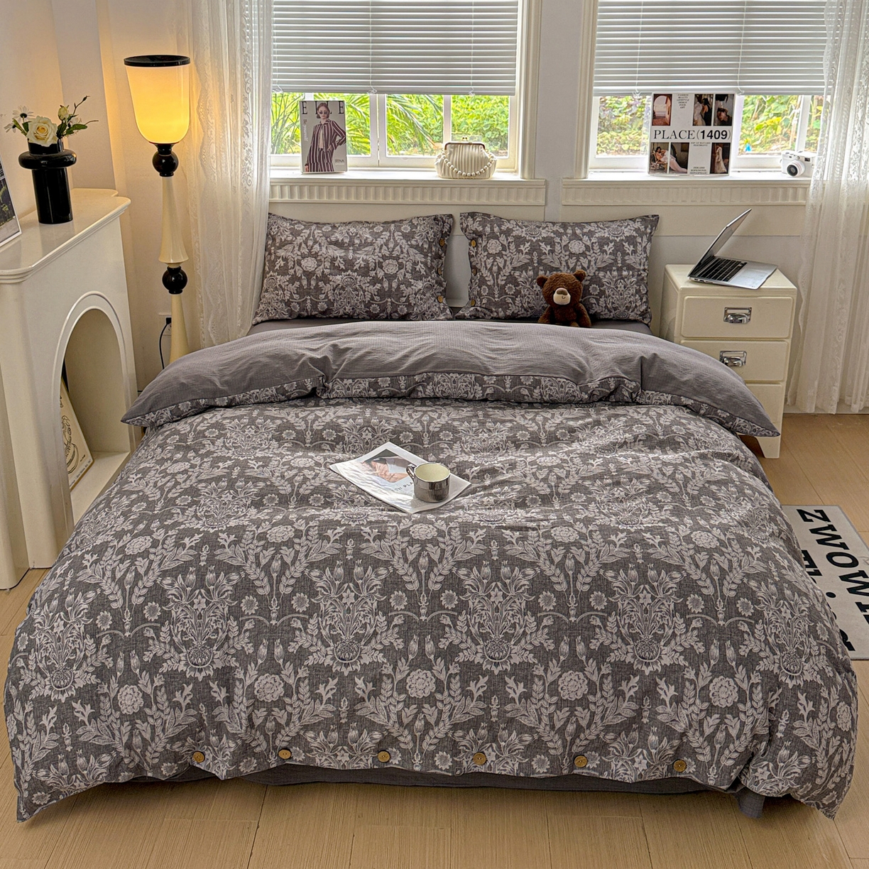 91家纺网 家纺一手货源 找家纺 水墨江南 2025新款原麻复古印花纽扣款四件套 锦簇-灰