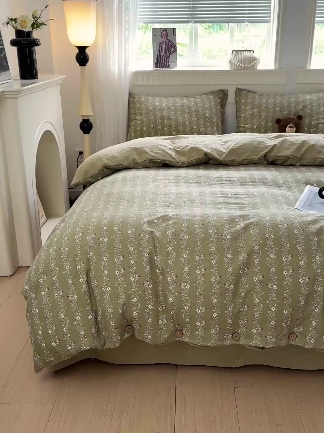 91家纺网 家纺一手货源 找家纺 水墨江南 2025新款原麻复古印花纽扣款四件套 一抹香-绿