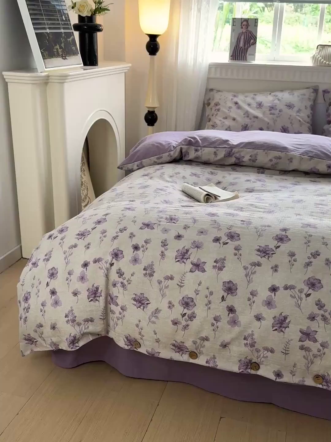 91家纺网 家纺一手货源 找家纺 水墨江南 2025新款原麻复古印花纽扣款四件套 紫藤