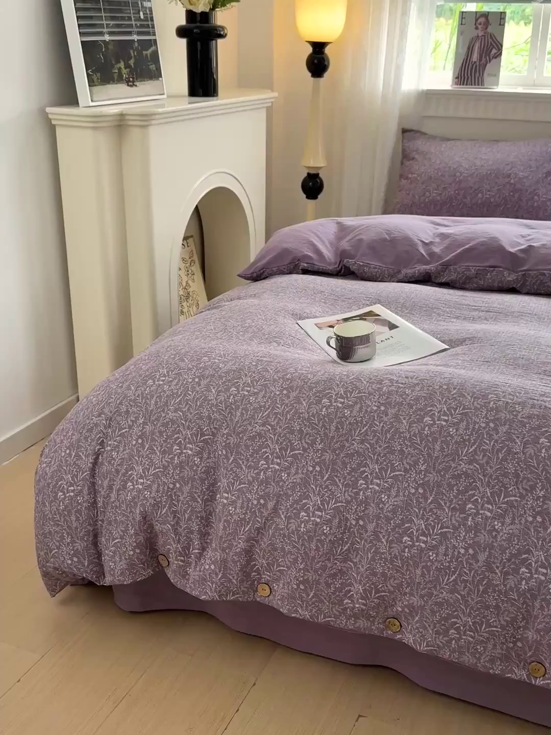 91家纺网 家纺一手货源 找家纺 水墨江南 2025新款原麻复古印花纽扣款四件套 叶影