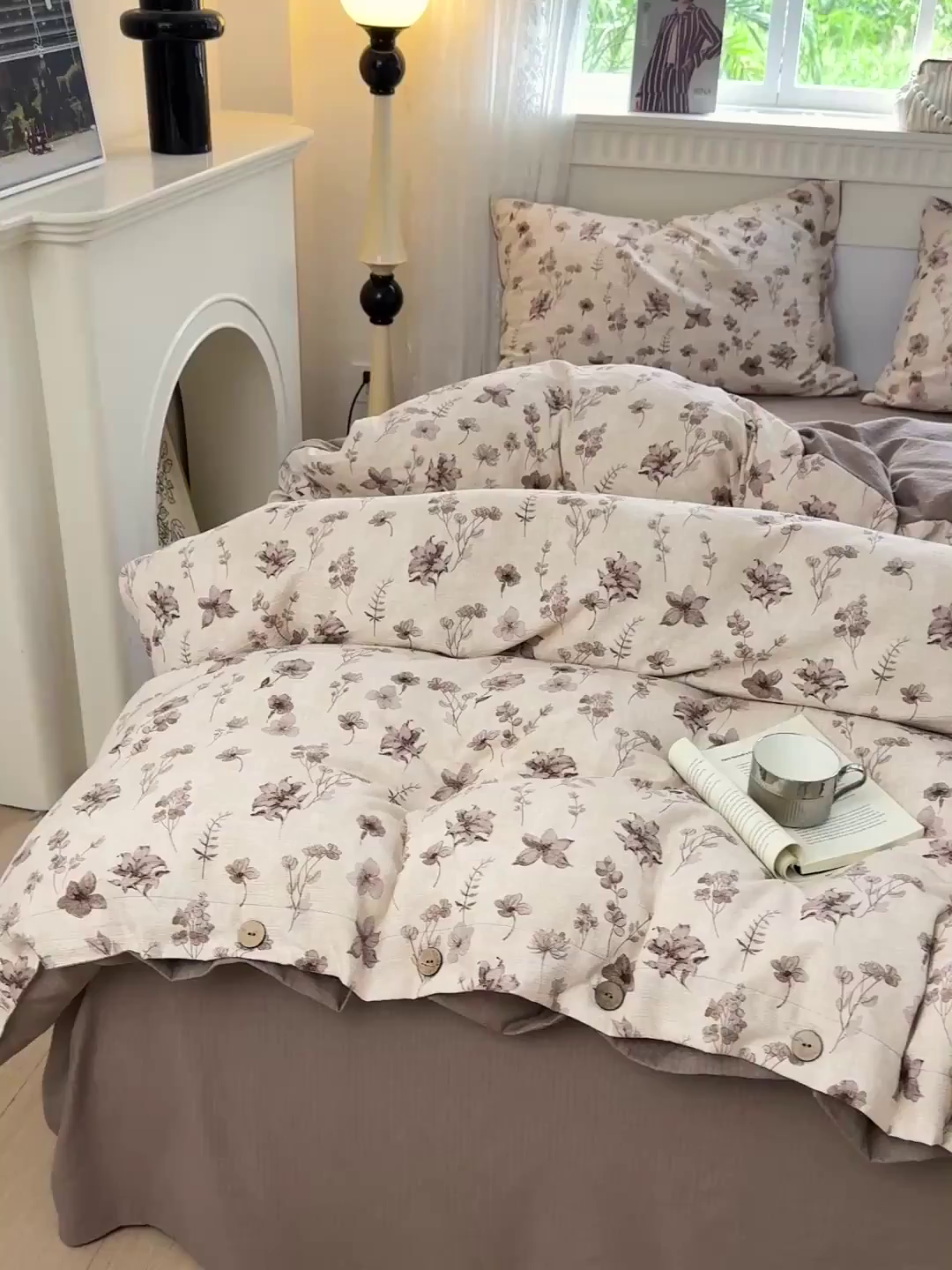 91家纺网 家纺一手货源 找家纺 水墨江南 2025新款原麻复古印花纽扣款四件套 花影