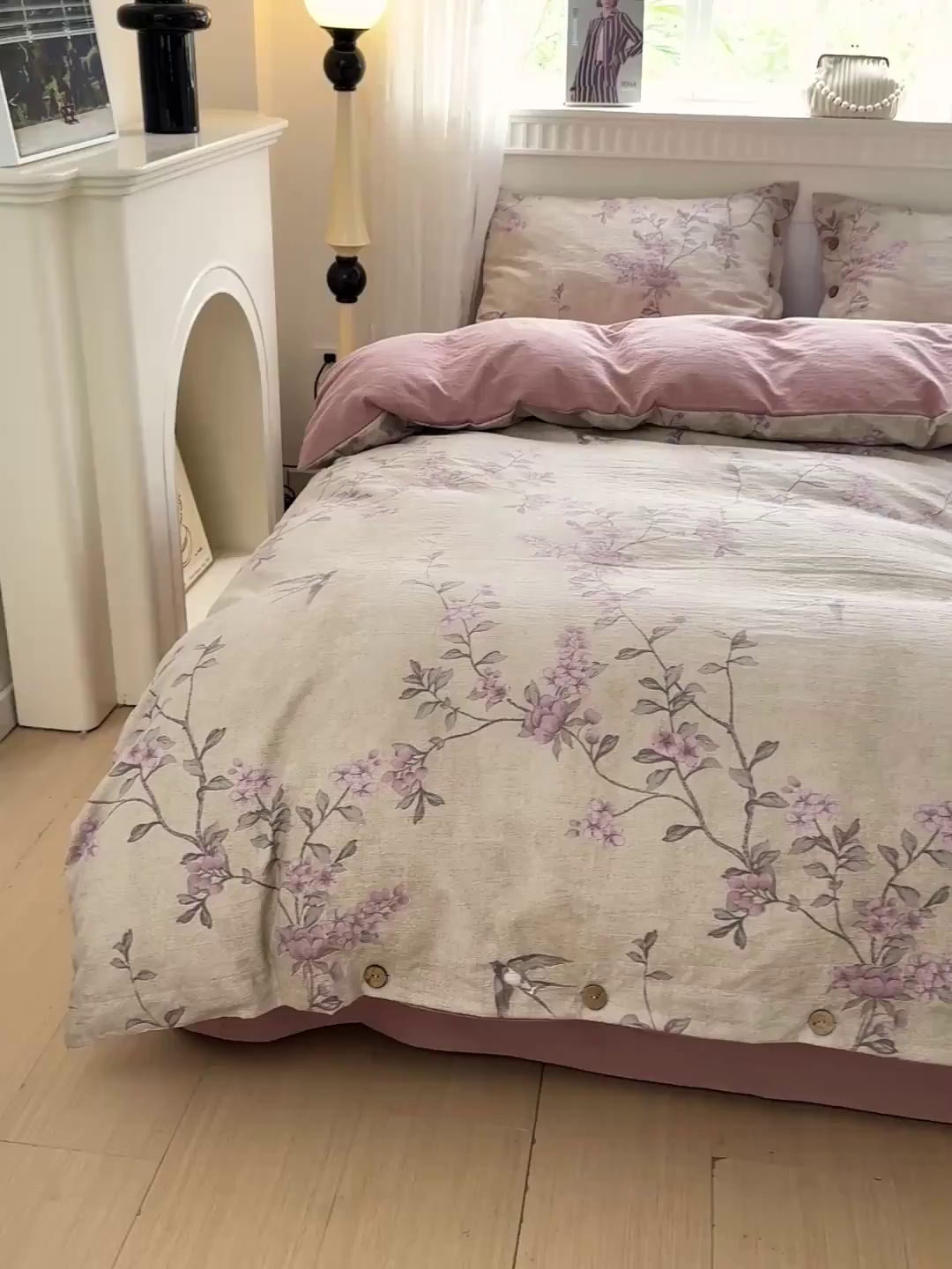 91家纺网 家纺一手货源 找家纺 水墨江南 2025新款原麻复古印花纽扣款四件套 凤求凰