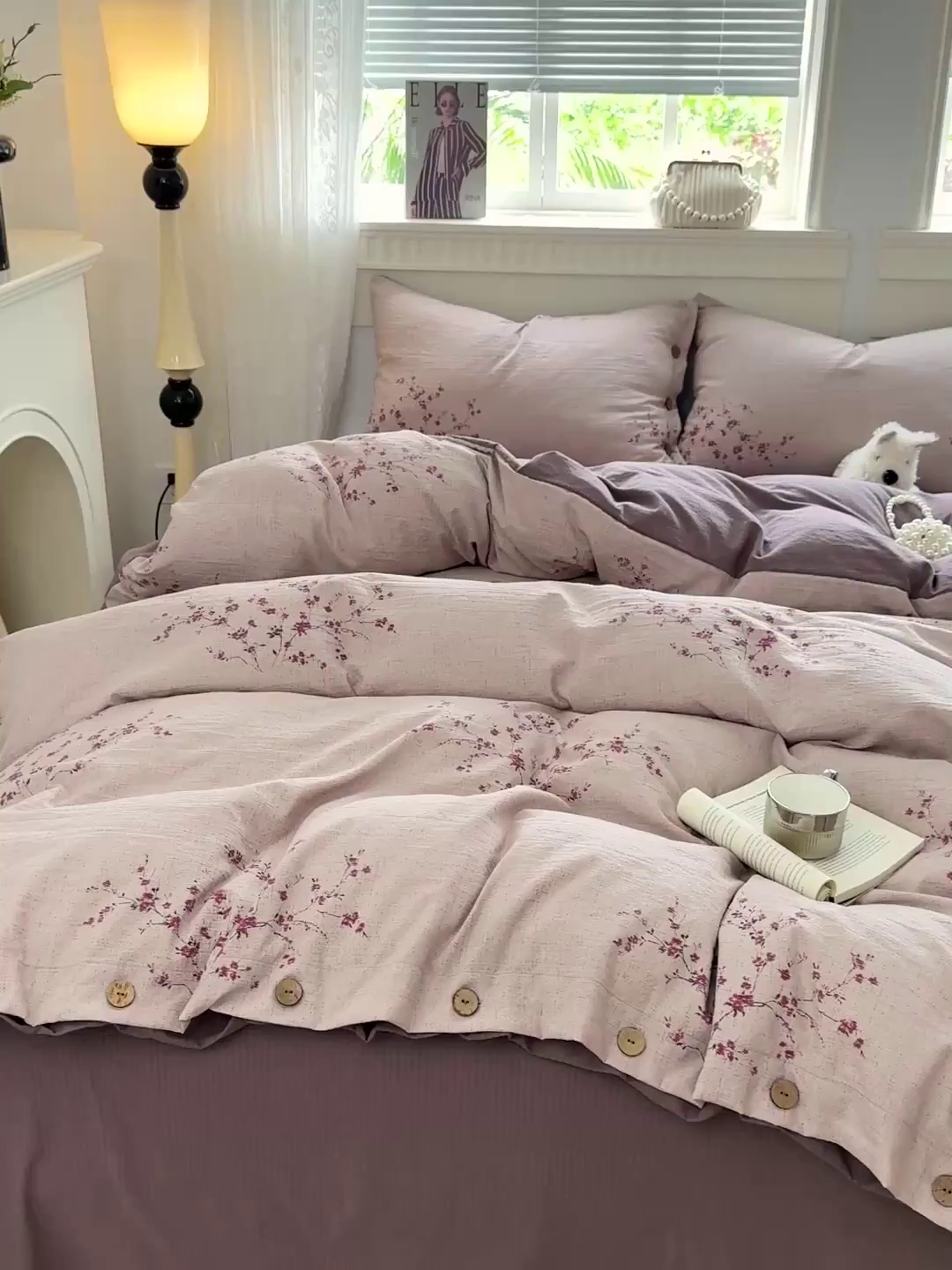 91家纺网 家纺一手货源 找家纺 水墨江南 2025新款原麻复古印花纽扣款四件套 繁花