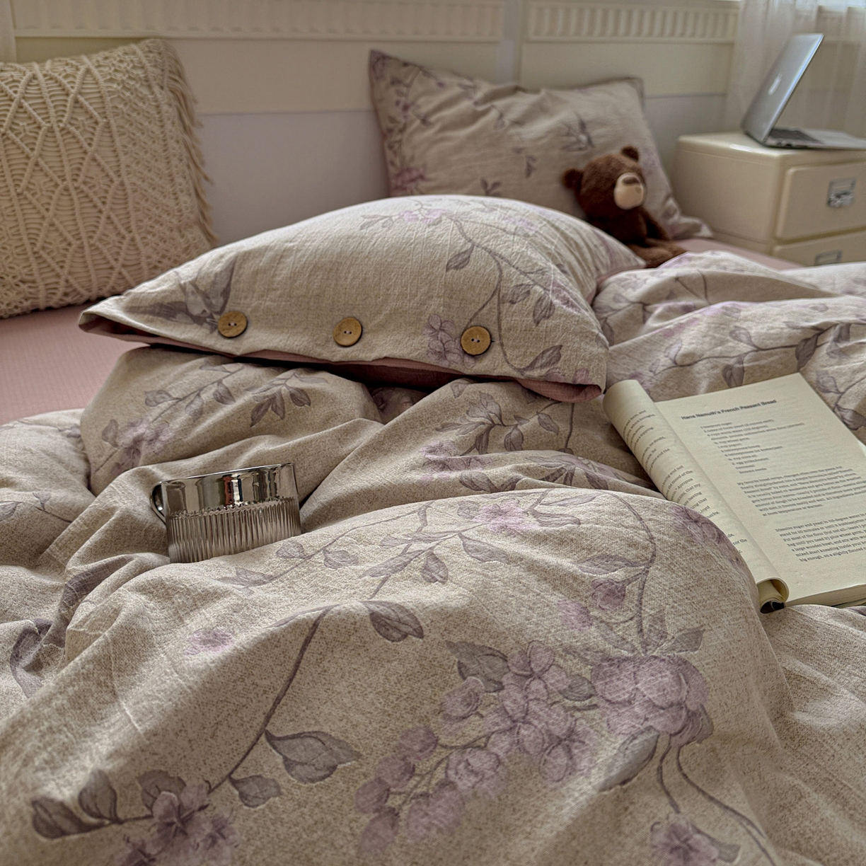 91家纺网 家纺一手货源 找家纺 水墨江南 2025新款原麻复古印花纽扣款四件套 凤求凰