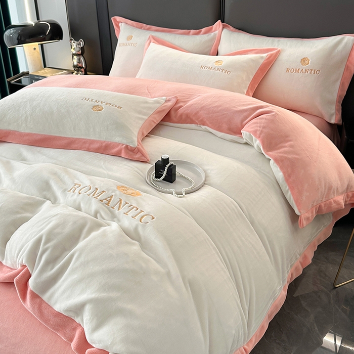 莱凯家纺 2025新款牛奶绒双拼绣花四件套-山茶 山茶（白+粉）