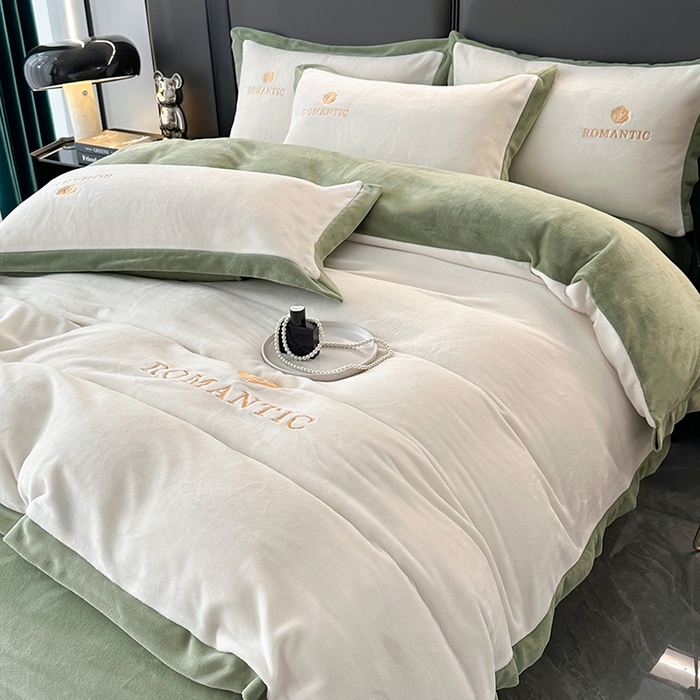 莱凯家纺 2025新款牛奶绒双拼绣花四件套-山茶 山茶（白+绿）