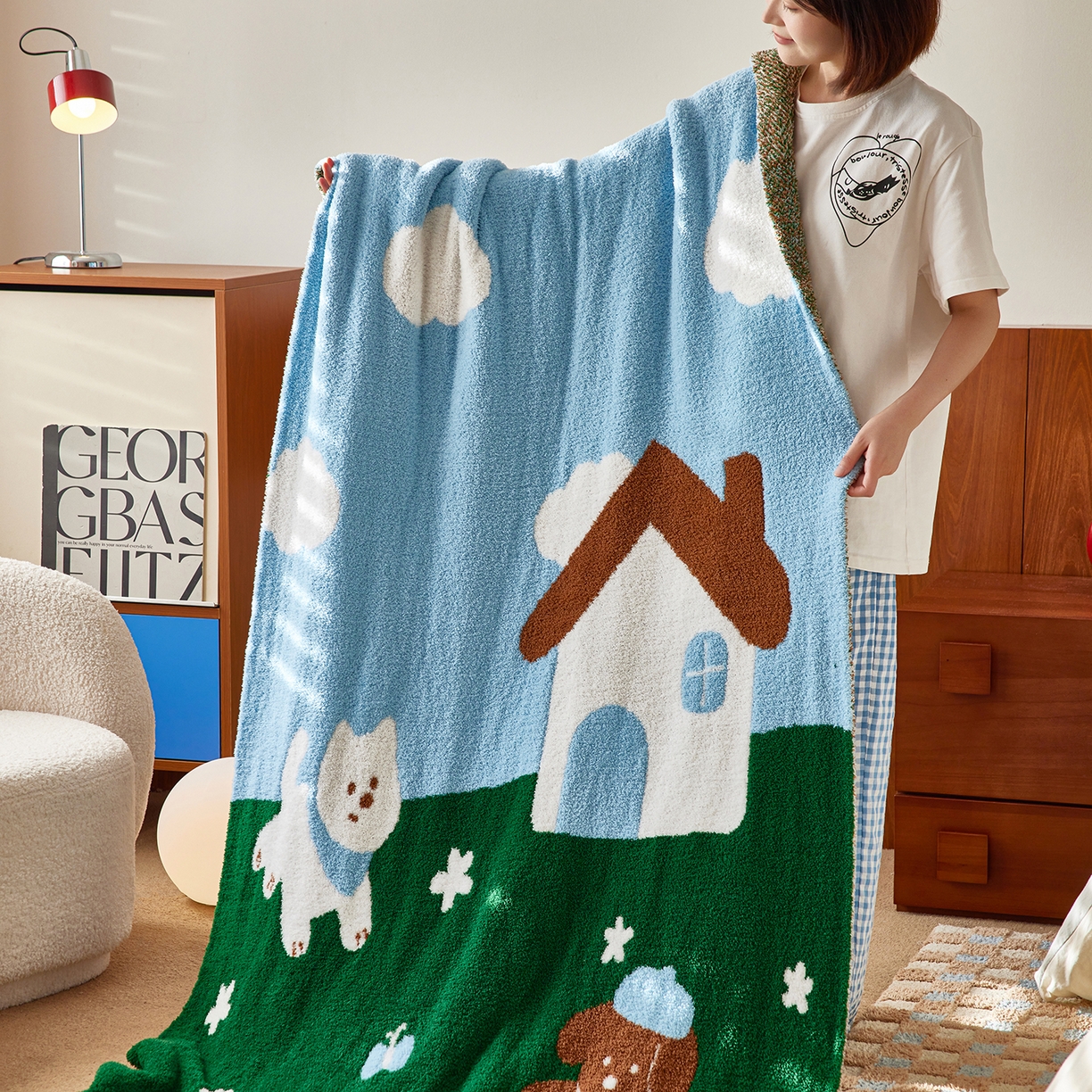 91家纺网 家纺一手货源 找家纺 （总）安莱生活 2025新款设计师款半边绒多功能盖毯