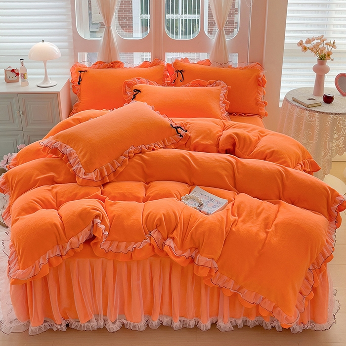 91家纺网 家纺一手货源 找家纺 言熙居家纺 2025新款仙气网纱蕾丝花边蝴蝶结牛奶绒四件套 仙女桔