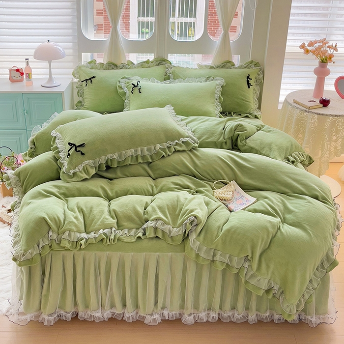 91家纺网 家纺一手货源 找家纺 （总）言熙居家纺 2025新款仙气网纱蕾丝花边蝴蝶结牛奶绒四件套