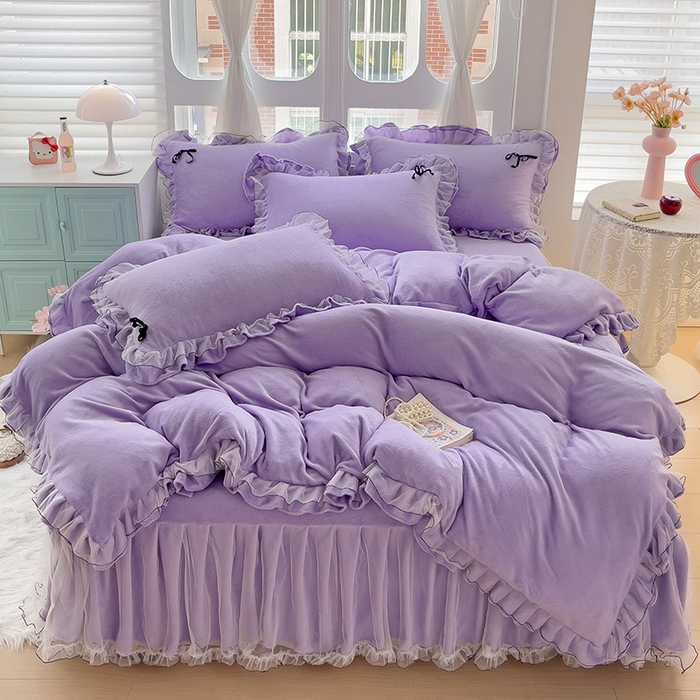 91家纺网 家纺一手货源 找家纺 （总）言熙居家纺 2025新款仙气网纱蕾丝花边蝴蝶结牛奶绒四件套