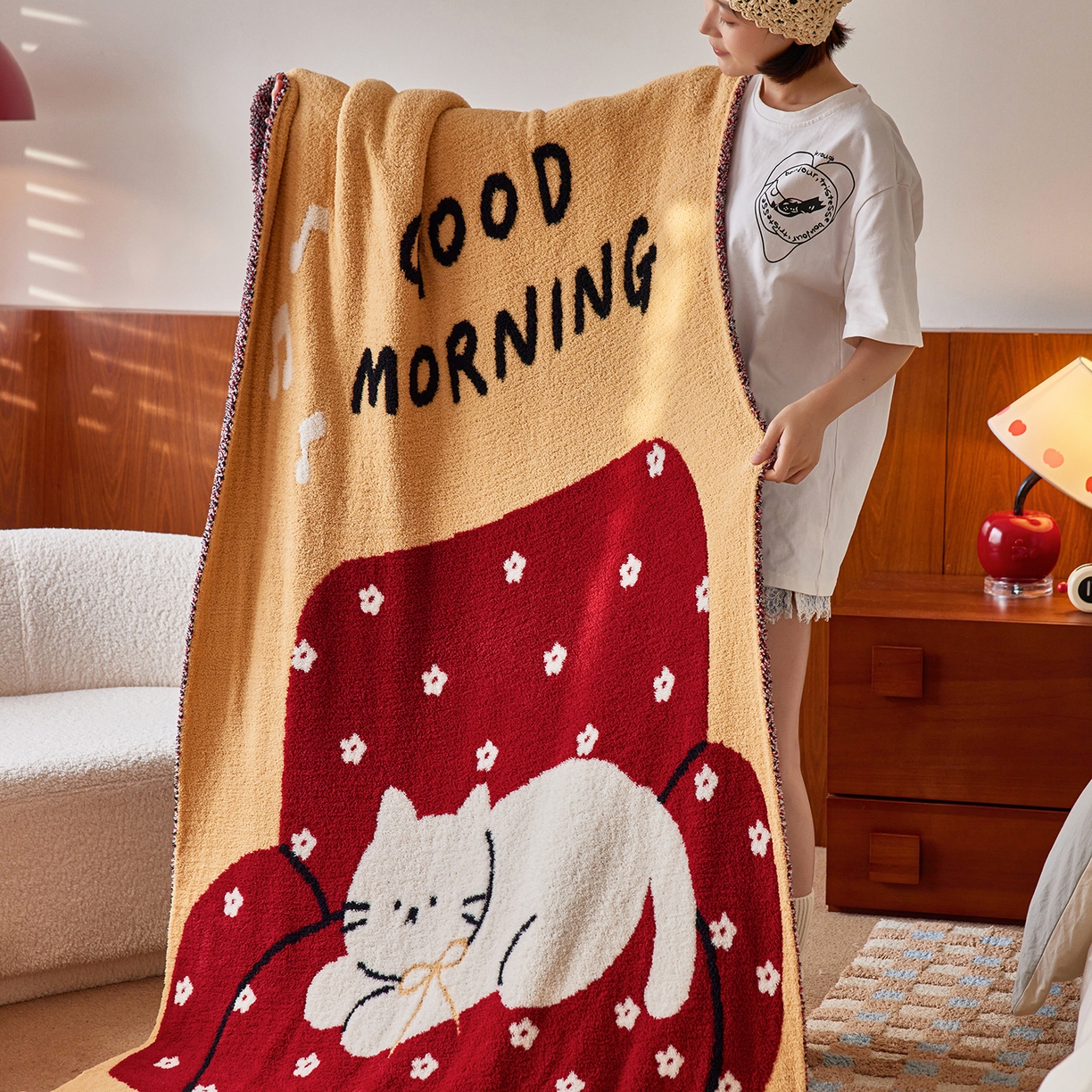 安莱生活 2025新款设计师款半边绒多功能盖毯 沙发猫