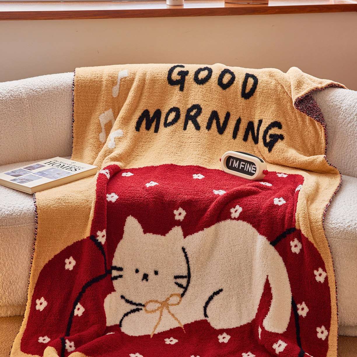 91家纺网 家纺一手货源 找家纺 安莱生活 2025新款设计师款半边绒多功能盖毯 沙发猫