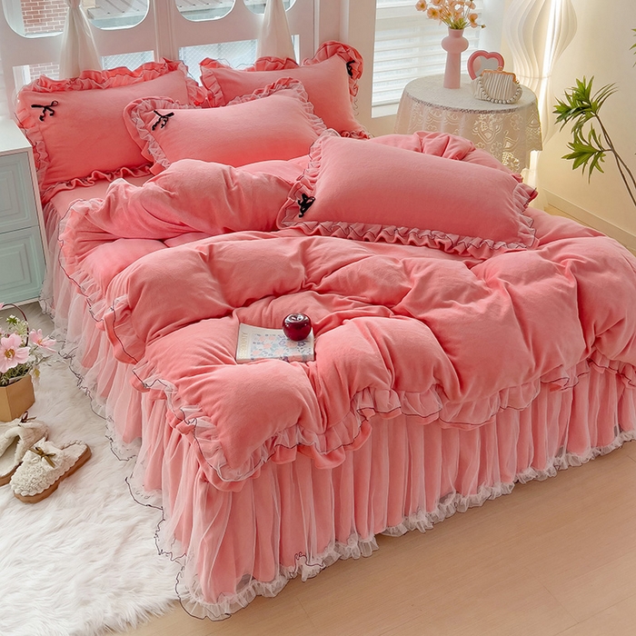 91家纺网 家纺一手货源 找家纺 （总）言熙居家纺 2025新款仙气网纱蕾丝花边蝴蝶结牛奶绒四件套