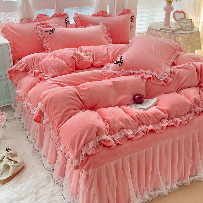 91家纺网 家纺一手货源 找家纺 （总）言熙居家纺 2025新款仙气网纱蕾丝花边蝴蝶结牛奶绒四件套