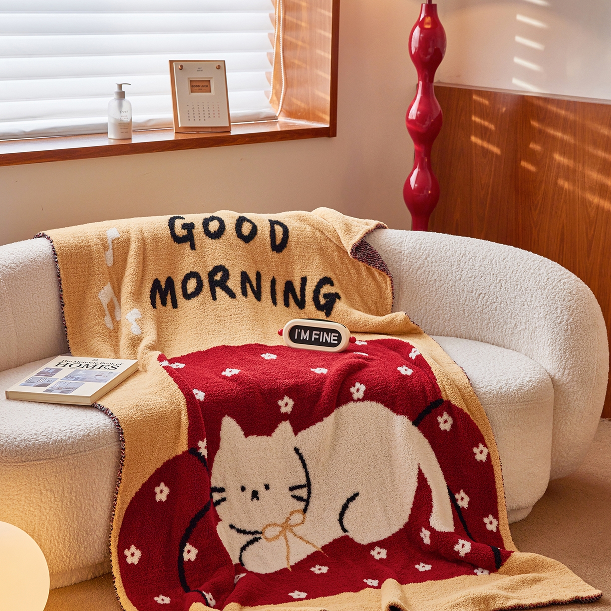 91家纺网 家纺一手货源 找家纺 安莱生活 2025新款设计师款半边绒多功能盖毯 沙发猫