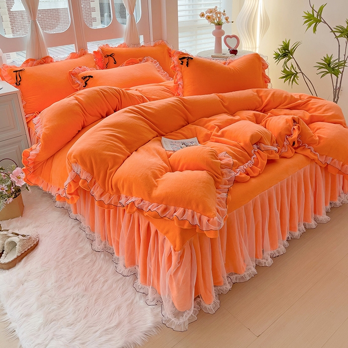 91家纺网 家纺一手货源 找家纺 言熙居家纺 2025新款仙气网纱蕾丝花边蝴蝶结牛奶绒四件套 仙女桔