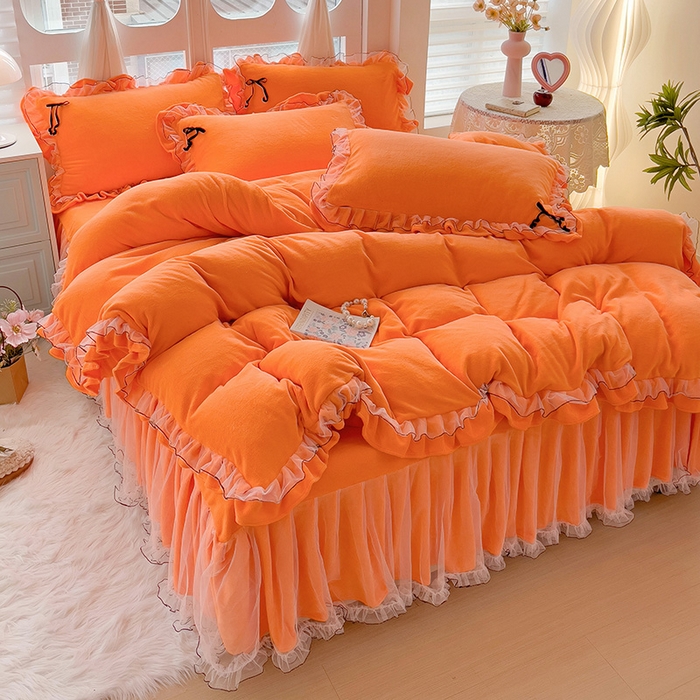 91家纺网 家纺一手货源 找家纺 言熙居家纺 2025新款仙气网纱蕾丝花边蝴蝶结牛奶绒四件套 仙女桔