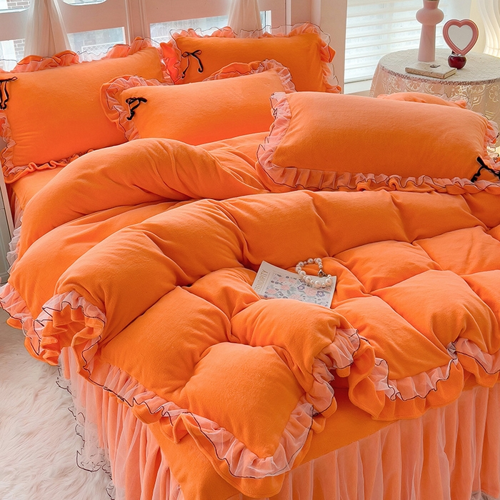 91家纺网 家纺一手货源 找家纺 言熙居家纺 2025新款仙气网纱蕾丝花边蝴蝶结牛奶绒四件套 仙女桔