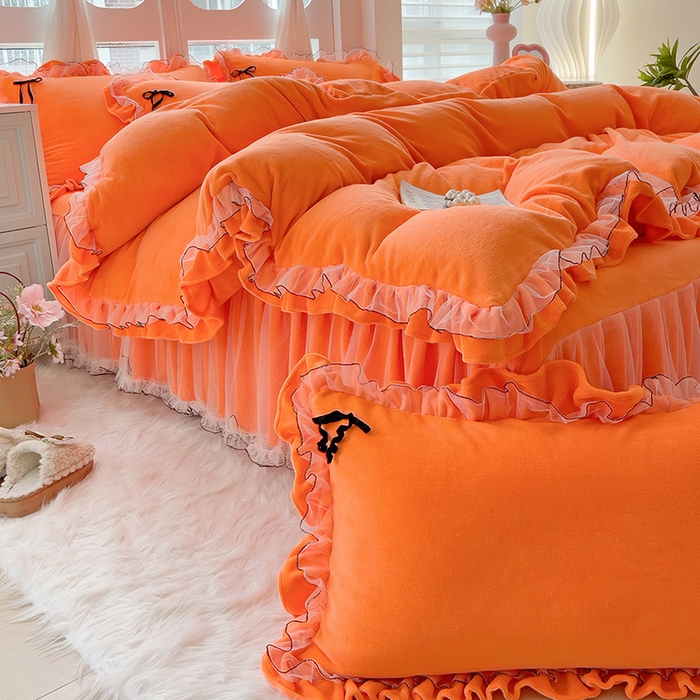 91家纺网 家纺一手货源 找家纺 言熙居家纺 2025新款仙气网纱蕾丝花边蝴蝶结牛奶绒四件套 仙女桔