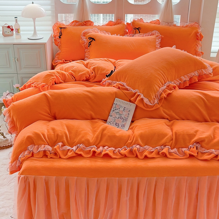 91家纺网 家纺一手货源 找家纺 言熙居家纺 2025新款仙气网纱蕾丝花边蝴蝶结牛奶绒四件套 仙女桔