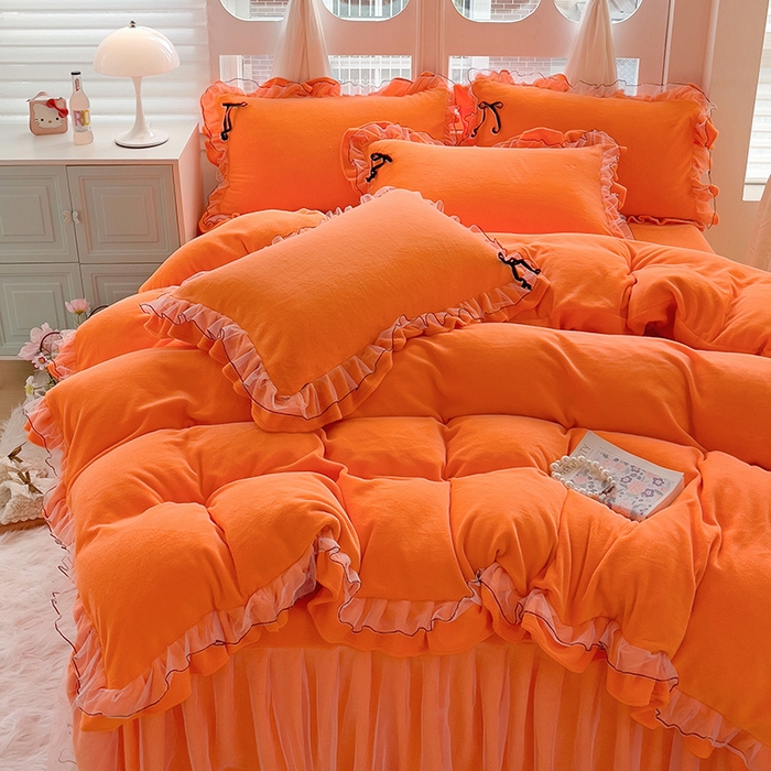 91家纺网 家纺一手货源 找家纺 言熙居家纺 2025新款仙气网纱蕾丝花边蝴蝶结牛奶绒四件套 仙女桔