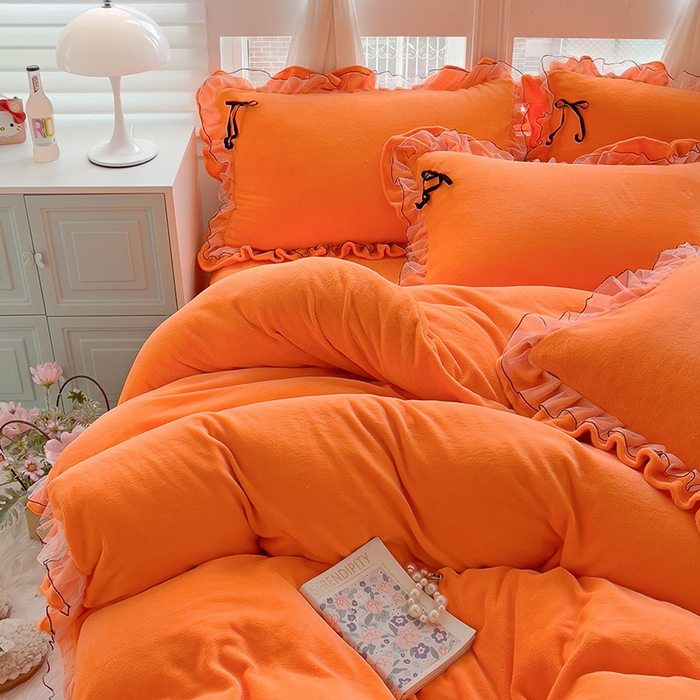 91家纺网 家纺一手货源 找家纺 言熙居家纺 2025新款仙气网纱蕾丝花边蝴蝶结牛奶绒四件套 仙女桔