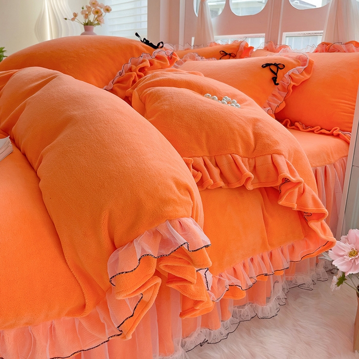 91家纺网 家纺一手货源 找家纺 言熙居家纺 2025新款仙气网纱蕾丝花边蝴蝶结牛奶绒四件套 仙女桔