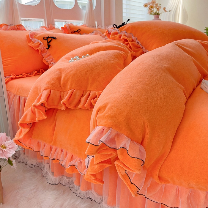 91家纺网 家纺一手货源 找家纺 言熙居家纺 2025新款仙气网纱蕾丝花边蝴蝶结牛奶绒四件套 仙女桔