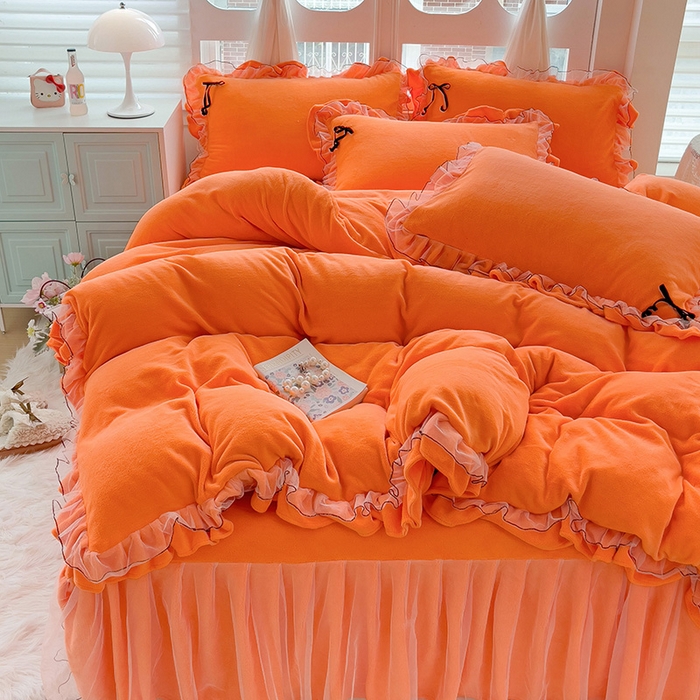 91家纺网 家纺一手货源 找家纺 言熙居家纺 2025新款仙气网纱蕾丝花边蝴蝶结牛奶绒四件套 仙女桔