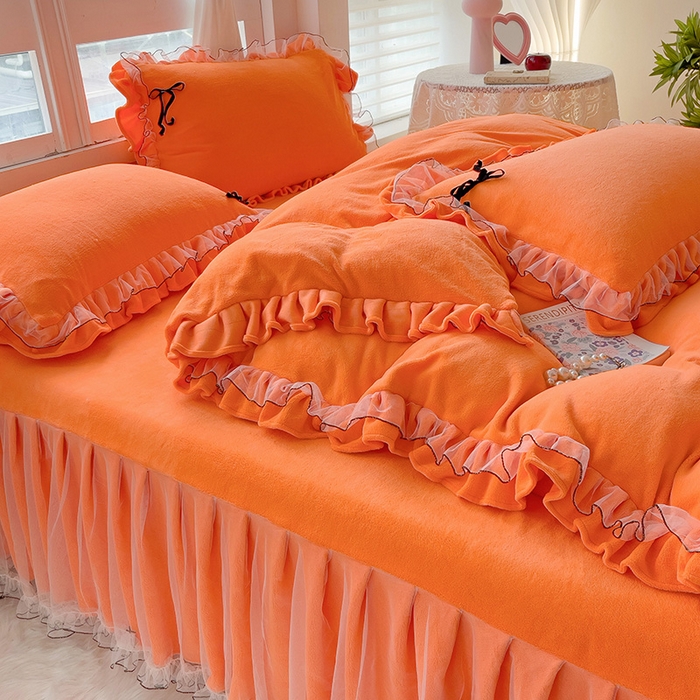 91家纺网 家纺一手货源 找家纺 言熙居家纺 2025新款仙气网纱蕾丝花边蝴蝶结牛奶绒四件套 仙女桔