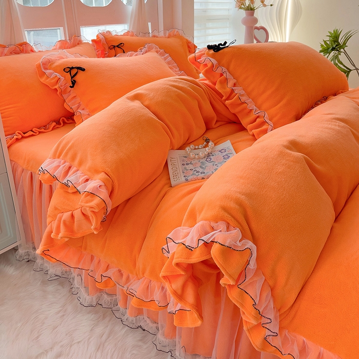 91家纺网 家纺一手货源 找家纺 言熙居家纺 2025新款仙气网纱蕾丝花边蝴蝶结牛奶绒四件套 仙女桔