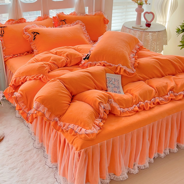 91家纺网 家纺一手货源 找家纺 言熙居家纺 2025新款仙气网纱蕾丝花边蝴蝶结牛奶绒四件套 仙女桔