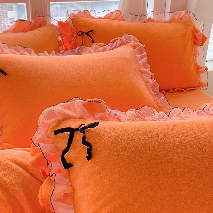 91家纺网 家纺一手货源 找家纺 言熙居家纺 2025新款仙气网纱蕾丝花边蝴蝶结牛奶绒四件套 仙女桔