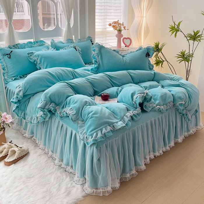 91家纺网 家纺一手货源 找家纺 言熙居家纺 2025新款仙气网纱蕾丝花边蝴蝶结牛奶绒四件套 仙女蓝