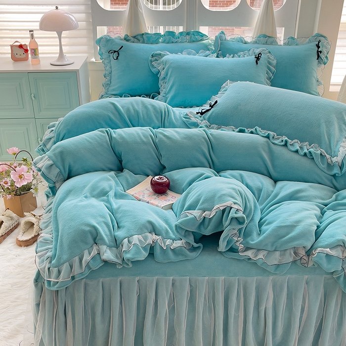 91家纺网 家纺一手货源 找家纺 言熙居家纺 2025新款仙气网纱蕾丝花边蝴蝶结牛奶绒四件套 仙女蓝