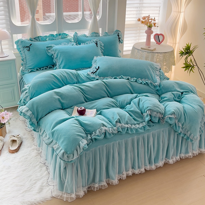 91家纺网 家纺一手货源 找家纺 言熙居家纺 2025新款仙气网纱蕾丝花边蝴蝶结牛奶绒四件套 仙女蓝