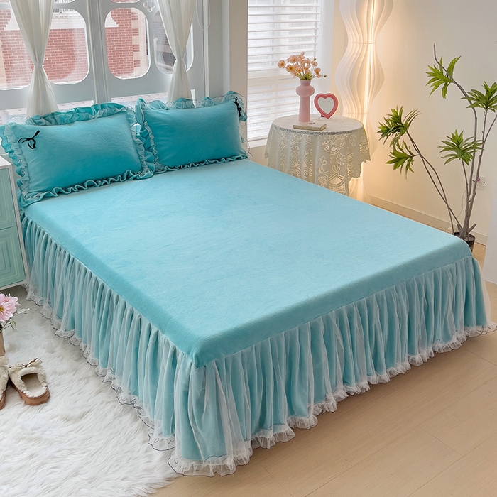 91家纺网 家纺一手货源 找家纺 言熙居家纺 2025新款仙气网纱蕾丝花边蝴蝶结牛奶绒四件套 仙女蓝