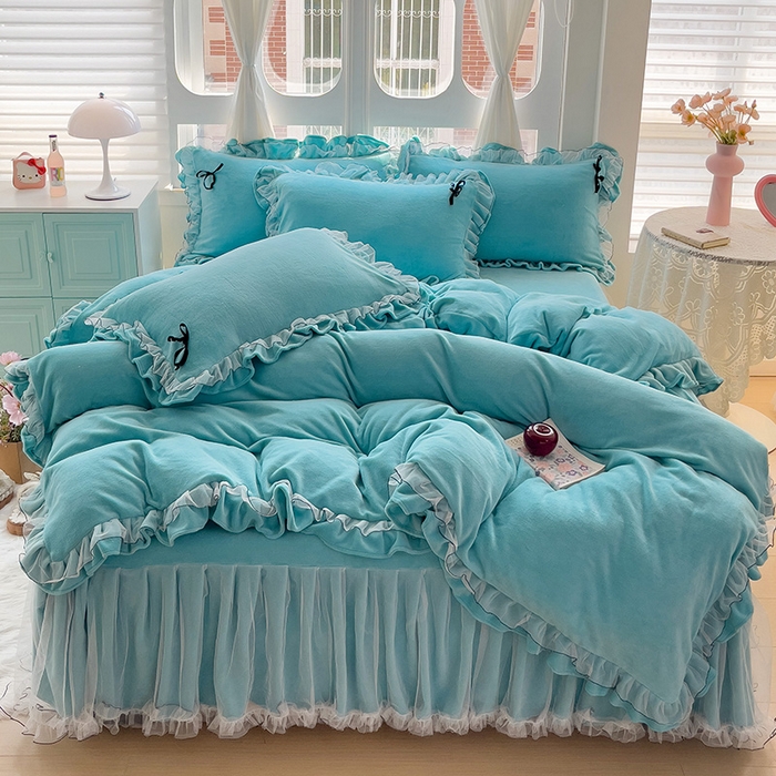 言熙居家纺 2025新款仙气网纱蕾丝花边蝴蝶结牛奶绒四件套 仙女蓝