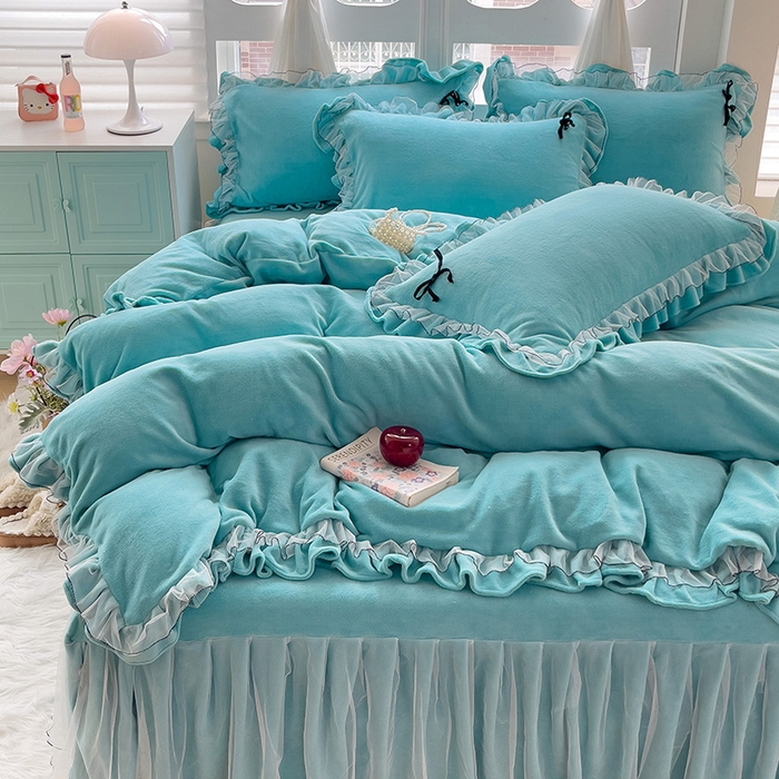 91家纺网 家纺一手货源 找家纺 言熙居家纺 2025新款仙气网纱蕾丝花边蝴蝶结牛奶绒四件套 仙女蓝