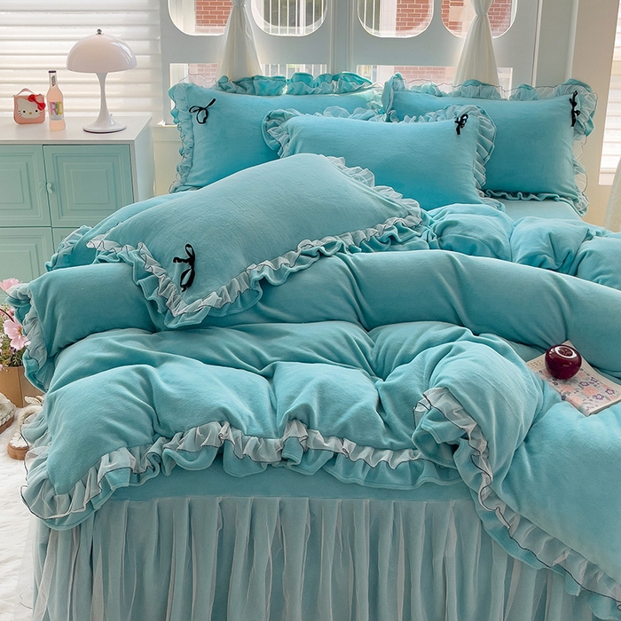 91家纺网 家纺一手货源 找家纺 言熙居家纺 2025新款仙气网纱蕾丝花边蝴蝶结牛奶绒四件套 仙女蓝