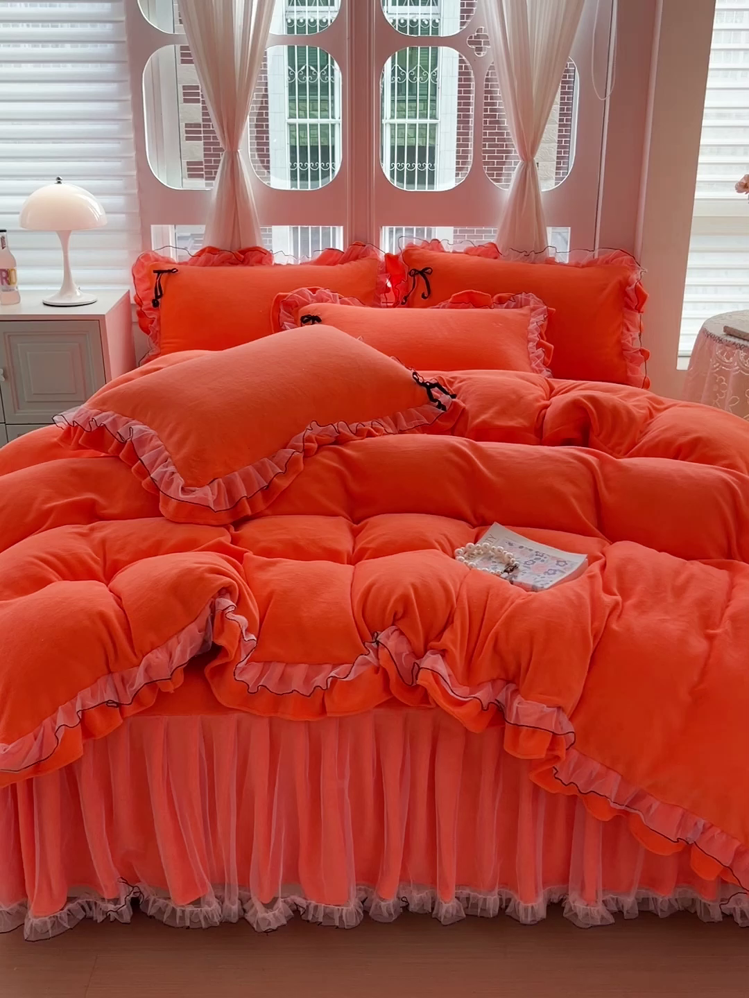 91家纺网 家纺一手货源 找家纺 言熙居家纺 2025新款仙气网纱蕾丝花边蝴蝶结牛奶绒四件套 仙女桔