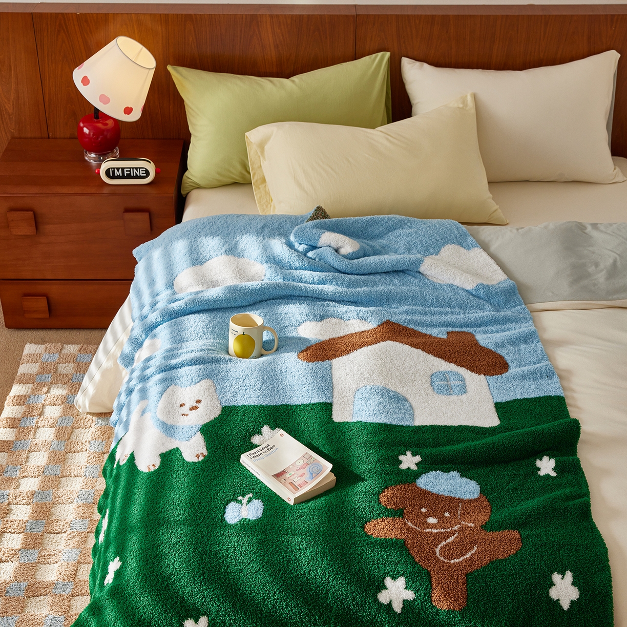 91家纺网 家纺一手货源 找家纺 安莱生活 2025新款设计师款半边绒多功能盖毯 汪仔派对