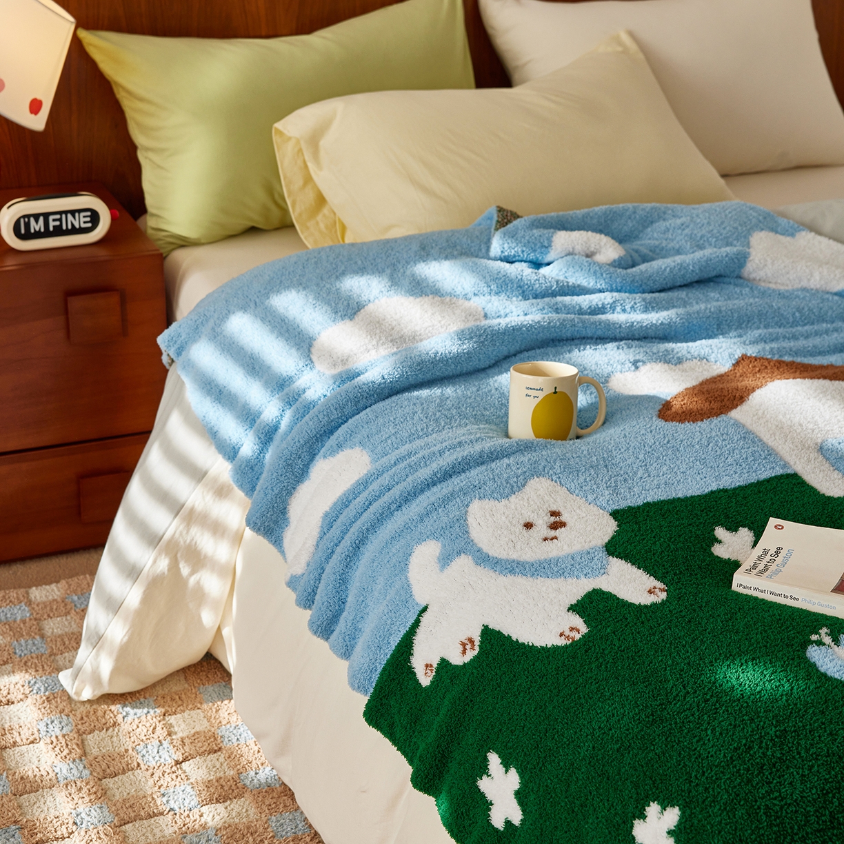 91家纺网 家纺一手货源 找家纺 安莱生活 2025新款设计师款半边绒多功能盖毯 汪仔派对