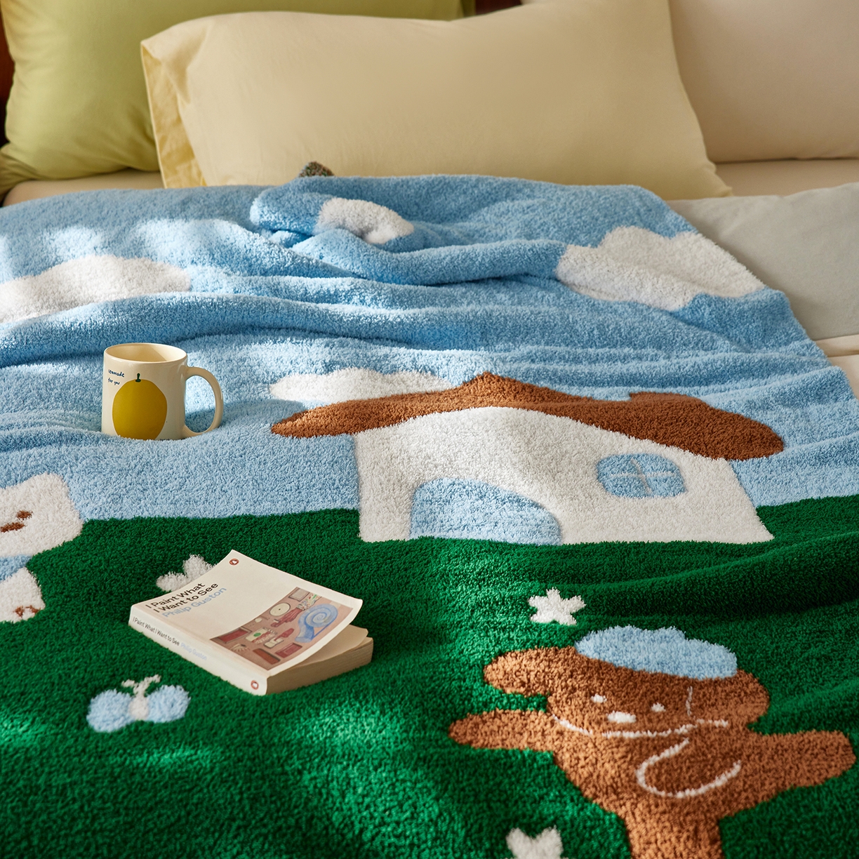 91家纺网 家纺一手货源 找家纺 安莱生活 2025新款设计师款半边绒多功能盖毯 汪仔派对