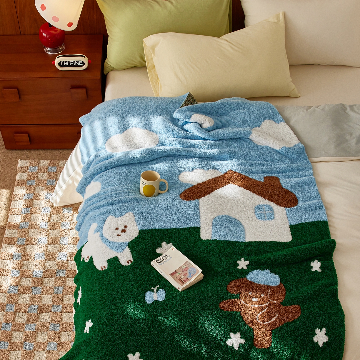 91家纺网 家纺一手货源 找家纺 安莱生活 2025新款设计师款半边绒多功能盖毯 汪仔派对